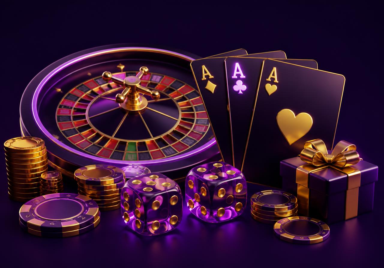 Casino roulette wheel, dice, cards, gold coins and a gift box